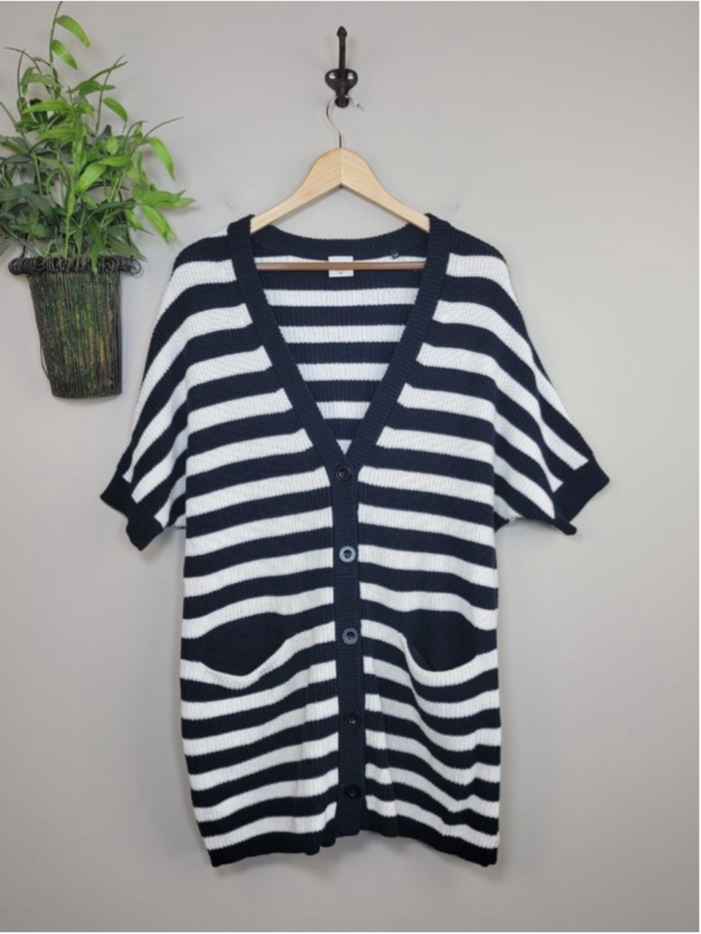 Cabi #5289 Whistle Black White Stripe Short Sleeve Knit Cardigan Sweater XS